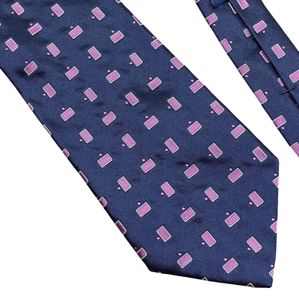 Polo by Ralph Lauren Vintage Blue Pink Geometric Silk Tie Handmade 3.75